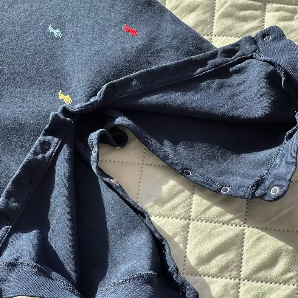 Ralph Lauren Baby Boys 12M Navy Multi Pony Embroidered Polo Coverall Romper